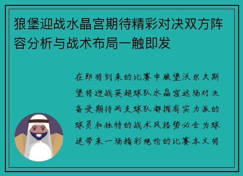 狼堡迎战水晶宫期待精彩对决双方阵容分析与战术布局一触即发